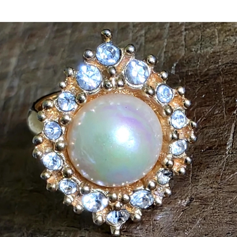 Christian Dior Faux Pearl Ring US SIZE 5 ADJUSTABLE Studded Embellishments VTG